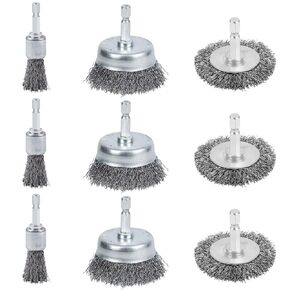 9 PCS Drill Wire Brush Set, Pen Brush Wheel Brush Cup Brush for Drill, High Carbon Steel Metal Wire Brush with 1/4" Hex Shank, Skilled in Handling Metal and Non-Metal Surfaces