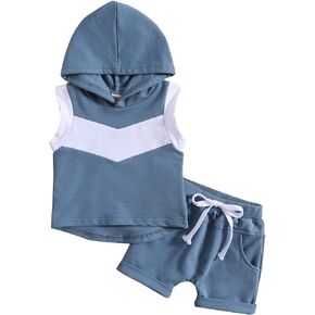 Ynibbim 2pcs Toddler Boy Summer Clothes Infant Baby Casual Outfits Hooded Sleeveless Tank Tops Drawstring Shorts