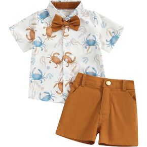 Toddler Boys Ocean Print Shorts Sets 2Pcs Crab Turtle Summer Outfits Button Up Short Sleeves Shirt and Shorts Suit