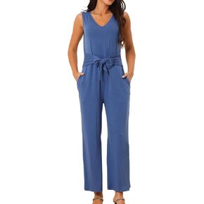 Women's V Neck Sleeveless Jumpsuits Belted High Waist Stretchy Wide Leg Casual Jumpsuit with Pockets