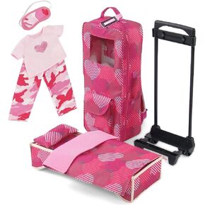 Emily Rose 18 Inch Doll Travel Carrier Luggage Case with Heavy Duty Rolling Trolley Cart, Removable 18-inch Doll Bed with Bedding and 3-Piece 18" Doll PJs Pajamas Set | Fits 15"-19" Dolls