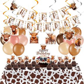 76 Pcs Highland Cow Birthday Decorations Cute Boho Cow Party Supplies with Retro Floral Happy Birthday Banner Hanging Swirls Cattle Cake Toppers Balloons Cow Party Tablecloth for Girls Boys