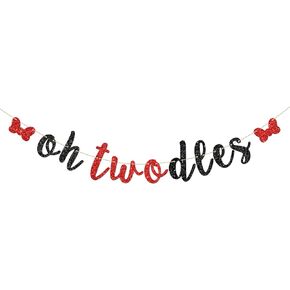 Oh Twodles Banner, Happy 2nd Birthday Party Hanging Decor for Boys Girls - Mickey Mouse 2nd Birthday Party Decorations Supplies Banner, Red & Black Glitter