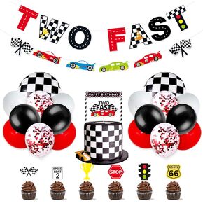 Race Car Two Fast Party Decorations Supplies Racing Theme 2nd Birthday Party Banner Race Car Second Birthday Cake Topper Checkered Flags Balloons for Let's go Racing Theme Sports Event Party Supplies