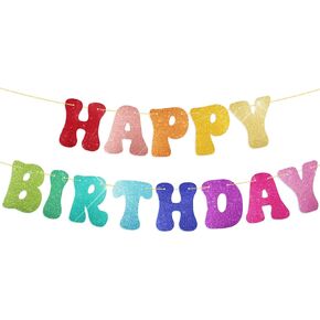 Rainbow Happy Birthday Banner Bright Colorful Glitter Multicolored Birthday Banner for Girls Rainbow Birthday Decorations (Rainbow)