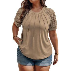 Plus-Size Tops for Women Summer Lace Short Sleeve Shirts Reglan Crewneck Tees XL-5XL