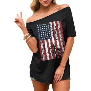 Spadehill 4th of July Womens American Flag Off Shoulder Tops