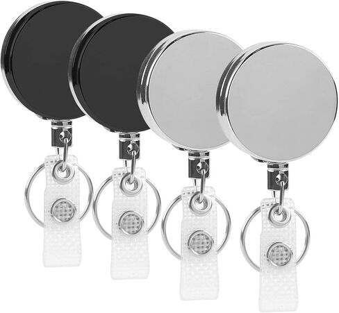 4 Pack Heavy Duty Retractable Badge Holder Reel, Metal ID Badge Reel with Clip & Key Ring for ID Key Card Badge & Name Card Keychain - Belt Clip, 27 inches Steel Wire Cord (Black) in Saudi Arabia