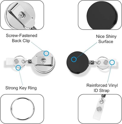 4 Pack Heavy Duty Retractable Badge Holder Reel, Metal ID Badge Reel with Clip & Key Ring for ID Key Card Badge & Name Card Keychain - Belt Clip, 27 inches Steel Wire Cord (Black) in Saudi Arabia