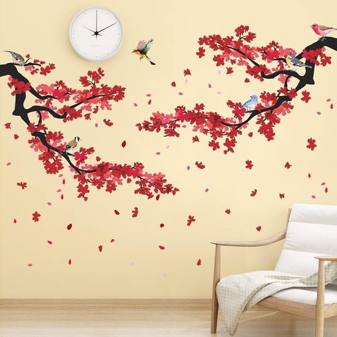3D Blue Plum Blossom Wall Decals Peach Flowers Blossom Tree Branches Wall Stickers DIY Removable Chinese Style Floral Birds Petals Wall Decor for Bedroom Living Room Office Home Decoration DT-4989 in Saudi Arabia