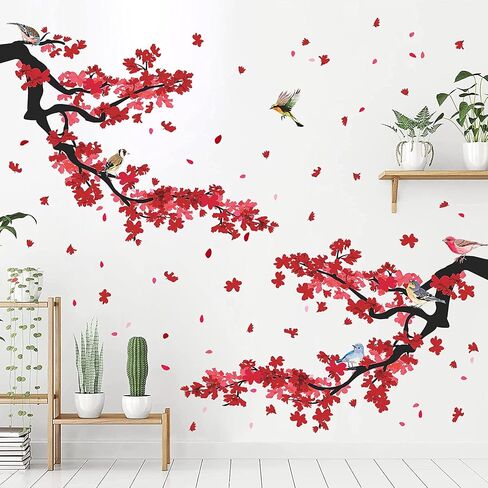 3D Blue Plum Blossom Wall Decals Peach Flowers Blossom Tree Branches Wall Stickers DIY Removable Chinese Style Floral Birds Petals Wall Decor for Bedroom Living Room Office Home Decoration DT-4989 in Saudi Arabia