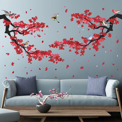 3D Blue Plum Blossom Wall Decals Peach Flowers Blossom Tree Branches Wall Stickers DIY Removable Chinese Style Floral Birds Petals Wall Decor for Bedroom Living Room Office Home Decoration DT-4989 in Saudi Arabia