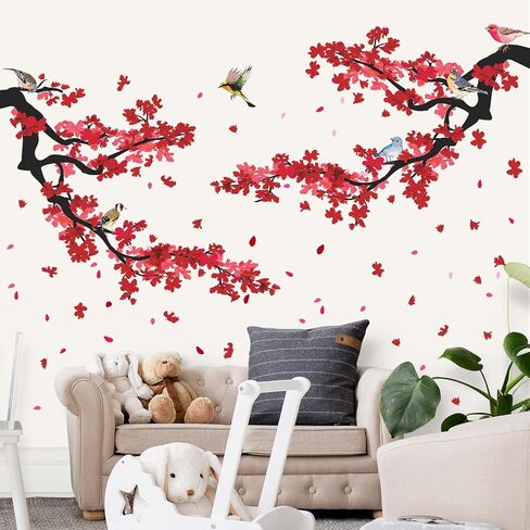3D Blue Plum Blossom Wall Decals Peach Flowers Blossom Tree Branches Wall Stickers DIY Removable Chinese Style Floral Birds Petals Wall Decor for Bedroom Living Room Office Home Decoration DT-4989 in Saudi Arabia