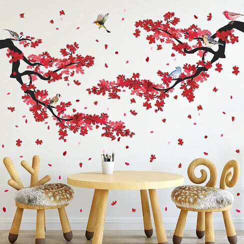 3D Blue Plum Blossom Wall Decals Peach Flowers Blossom Tree Branches Wall Stickers DIY Removable Chinese Style Floral Birds Petals Wall Decor for Bedroom Living Room Office Home Decoration DT-4989 in Saudi Arabia