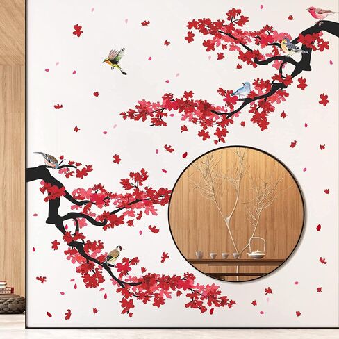 3D Blue Plum Blossom Wall Decals Peach Flowers Blossom Tree Branches Wall Stickers DIY Removable Chinese Style Floral Birds Petals Wall Decor for Bedroom Living Room Office Home Decoration DT-4989 in Saudi Arabia