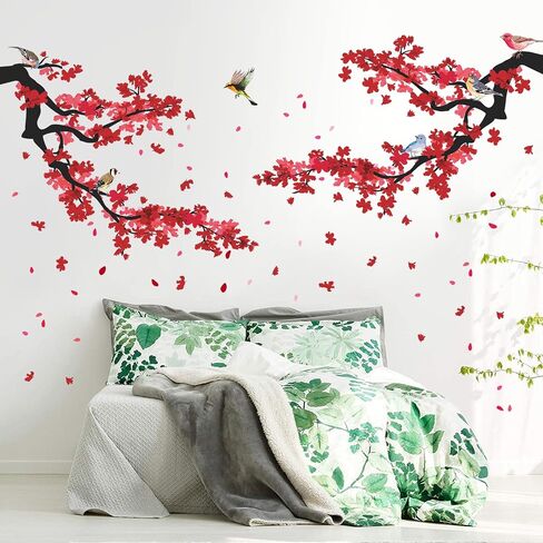 3D Blue Plum Blossom Wall Decals Peach Flowers Blossom Tree Branches Wall Stickers DIY Removable Chinese Style Floral Birds Petals Wall Decor for Bedroom Living Room Office Home Decoration DT-4989 in Saudi Arabia