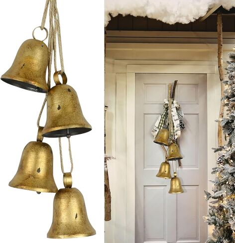 Christmas Bells, 4 Pcs Metal Bells, Christmas Decor Cowbell Home Decor, Garden Decor Door Decor Room Decor Golden Bells Cowbell Gifts for Women in Kuwait