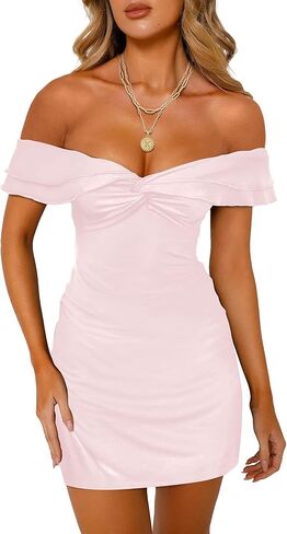 Women's Twist Knot Front Off The Shoulder Ruffle Mini Dress Summer Cocktail Dresses in Saudi Arabia