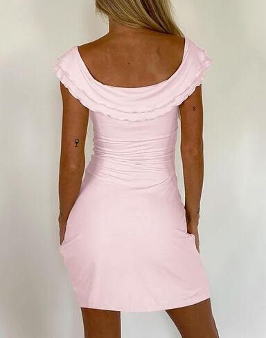 Women's Twist Knot Front Off The Shoulder Ruffle Mini Dress Summer Cocktail Dresses in Saudi Arabia