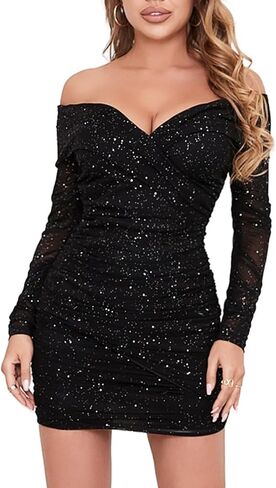 فستان D&M نسائي بدون أكتاف سباركلي محبوك شبكي بأكمام طويلة مفتوح من الخلف مكشكش فستان حفلات قصير مثير in Kuwait