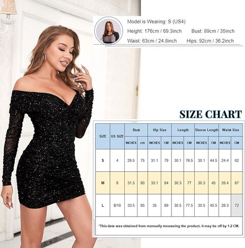 فستان D&M نسائي بدون أكتاف سباركلي محبوك شبكي بأكمام طويلة مفتوح من الخلف مكشكش فستان حفلات قصير مثير in Kuwait