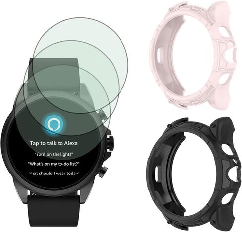 Watch Screen Protector (3+2Pack) Compatible with Fossil Gen 6 44mm, Tempered Glass Film Anti-Scratch High Definition Full Coverage and Soft TPU Protective Case in Saudi Arabia