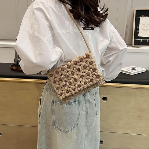 حقيبة كروس نسائية منسوجة يدويًا من CHIC DIARY، محفظة كروشيه قطنية منسوجة، حقيبة يد صغيرة للشاطئ مع زهرة in Kuwait