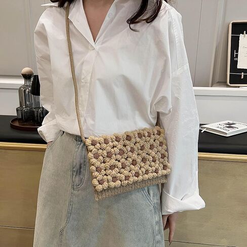 حقيبة كروس نسائية منسوجة يدويًا من CHIC DIARY، محفظة كروشيه قطنية منسوجة، حقيبة يد صغيرة للشاطئ مع زهرة in Kuwait