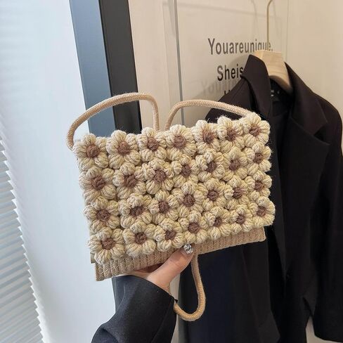 حقيبة كروس نسائية منسوجة يدويًا من CHIC DIARY، محفظة كروشيه قطنية منسوجة، حقيبة يد صغيرة للشاطئ مع زهرة in Kuwait