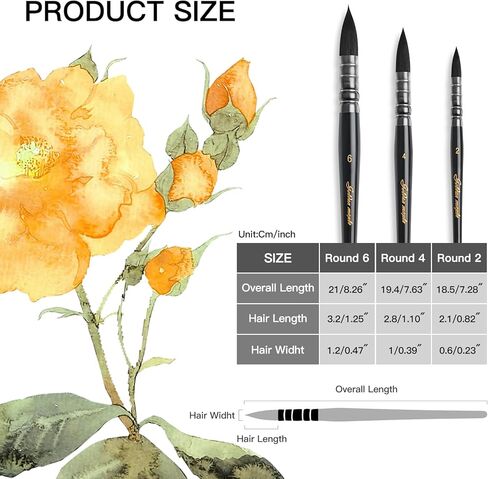 Sable Watercolor Brush Set 3pcs Professional Round Artist Paint Brush Watercolor Mop Brush for Watercolor Acrylic Gouache Ink Tempera (Size2, 4, 6) in Saudi Arabia