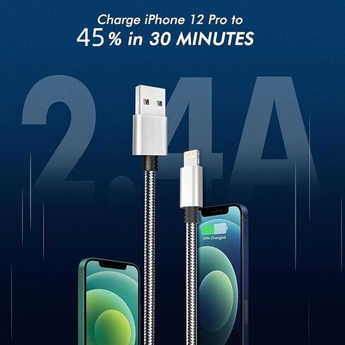 شاحن هاتف، 3 عبوات كابل بطول 10 أقدام QC3.0 كابل طويل للغاية مجدول من النايلون للشحن السريع متوافق مع الهاتف 14/13/12/12 Pro Max/12 Pro/11/11 Pro/X/XS/XR/XS Max/8/8 Plus /س in Kuwait