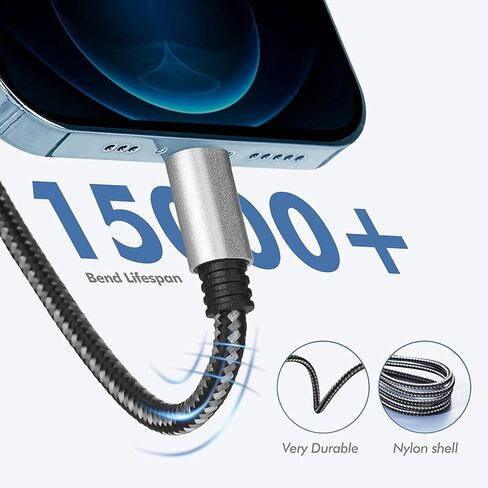 شاحن هاتف، 3 عبوات كابل بطول 10 أقدام QC3.0 كابل طويل للغاية مجدول من النايلون للشحن السريع متوافق مع الهاتف 14/13/12/12 Pro Max/12 Pro/11/11 Pro/X/XS/XR/XS Max/8/8 Plus /س in Kuwait