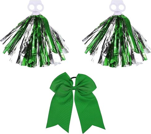 PATIKIL Cheerleading Pom Poms, 2 Pack Cheerleaders Cheer Poms with Finger Holes and Green Large Cheerleader Hair Bow for Sports Dancing Party Team Spirit (Green, Silver) in Saudi Arabia
