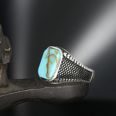 BayVog 925 خاتم الفضة الاسترليني للرجال مع حجر الفيروز، خاتم فضي عتيق للرجال، خواتم الأحجار الكريمة للرجال، خاتم رجالي هدية لصديقك in Kuwait