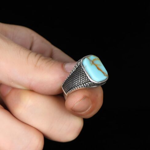 BayVog 925 خاتم الفضة الاسترليني للرجال مع حجر الفيروز، خاتم فضي عتيق للرجال، خواتم الأحجار الكريمة للرجال، خاتم رجالي هدية لصديقك in Kuwait