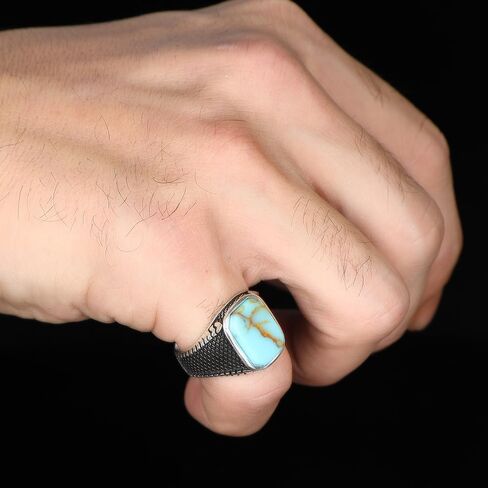 BayVog 925 خاتم الفضة الاسترليني للرجال مع حجر الفيروز، خاتم فضي عتيق للرجال، خواتم الأحجار الكريمة للرجال، خاتم رجالي هدية لصديقك in Kuwait