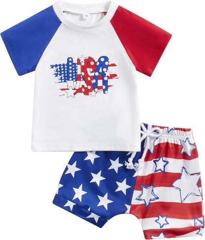 Toddler Baby Boy 4th of July Outfit Short Sleeve T-Shirt Tee American Flag Shorts Set Fourth of July Summer Clothes in Saudi Arabia