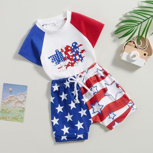 Toddler Baby Boy 4th of July Outfit Short Sleeve T-Shirt Tee American Flag Shorts Set Fourth of July Summer Clothes in Saudi Arabia