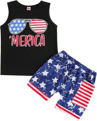 ملابس أطفال أولادي من Noubeau في الرابع من يوليو، قطع علوية تحمل العلم الأمريكي، تي شيرت وطني، تي شيرت، شورت برباط على شكل نجمة، in Kuwait