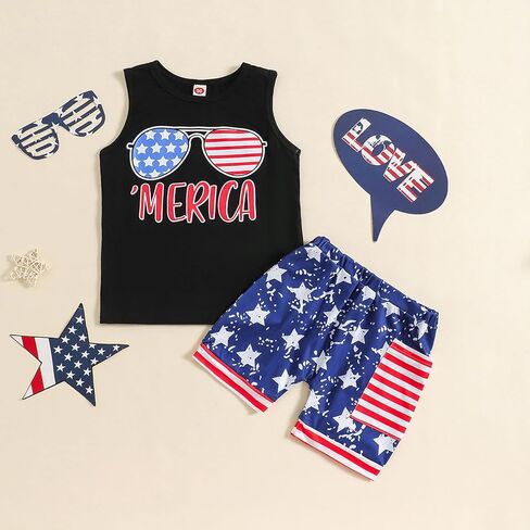 ملابس أطفال أولادي من Noubeau في الرابع من يوليو، قطع علوية تحمل العلم الأمريكي، تي شيرت وطني، تي شيرت، شورت برباط على شكل نجمة، in Kuwait