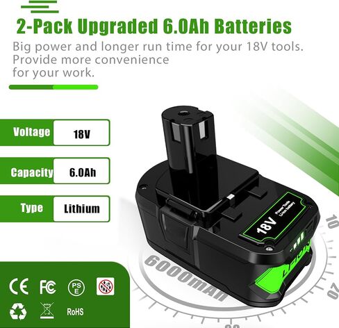 6.0Ah Replacement for Ryobi 18V Battery, Compatible with Ryobi Battery 18V ONE+ P102 P103 P104 P105 P107 P108 P109 P122 Cordless Tools for Ryobi 18V Battery and Charger Combo in Saudi Arabia
