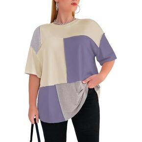SOLY HUX Women's Plus Size Oversized T Shirts Color Block Tops Drop Shoulder Short Sleeve Tees Casual Summer Shirt