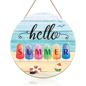 CHDITB Hello Summer Rustic Wood Home Sign Plaque, Summer Beach Themed Wooden Door Hanger (12''x12''), Round Summer Ice Cream Porch Decor for Home Garden Farmhouse Yard