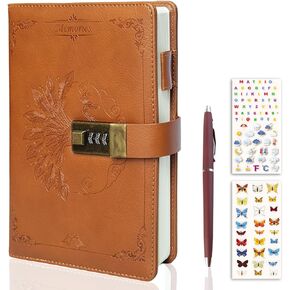 Diary With Lock for Women & Adults, A5 Refillable Leather Locked Journal for Girl & Boy 250 pages, Password Lockable diaries with Pen & Stickers, and Gift Box (Brown)