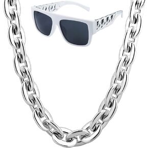 40inch/101cm Big Chunky Fake Gold Chain with Twist Leg Punk Sunglasses, Hip Hop Rapper Costume Plastic Jewelry Necklace, 2Pack 80s 90s Party Costume Accessory for Men Women