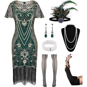 1920s Dresses for Women, Flapper Dress Feather Headband Sequins Beads Fringes Cocktail Roaring Accessories Vintage Costume