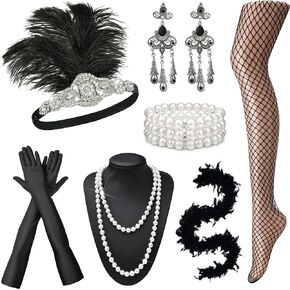 مجموعة إكسسوارات EIELO 1920s Great Gatsby للنساء غطاء للرأس وعصابة رأس فلابر رورينغ 20s إكسسوارات أزياء