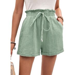 OYOANGLE Women's Textured Tie Front Shorts Drawstring Elastic Waist Solid Vacation Shorts with Pockets