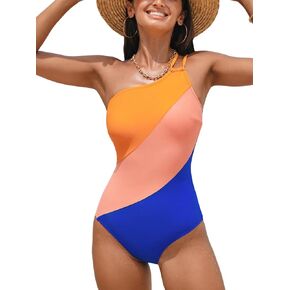 CUPSHE Women's One Piece Swimsuit One Shoulder Back Self Tie Strappy Lace Up Color Block