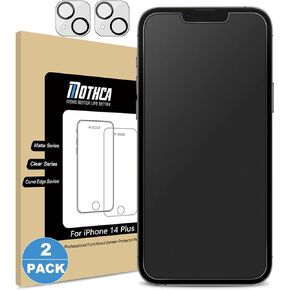 Mothca 2 Pack Matte Glass Screen Protector for iPhone 14 Plus with 2 Pack Camera Lens Tempered Glass Protector, Anti-Glare & Anti-Fingerprint Tempered Glass Film